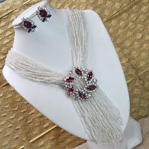 Vintage White and Purple Jewelry Set Brooch Earrings Necklace